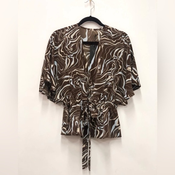 Sweet Rain Tops - Sweet Rain Liquorish Scribble Print Top With Kimono Sleeves Brown
